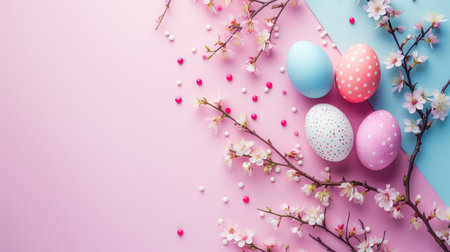 Happy Easter flat lay composition. Easter eggs with flowers on pastel pink and blue background. Easter card design, template.の素材
