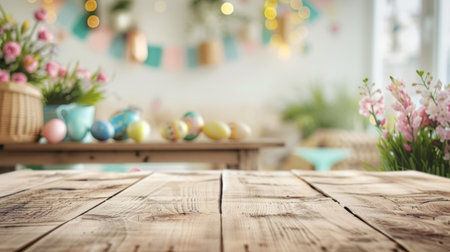 Empty wooden table with easter egg and blurred kitchen background. Abstract blurry Easter scene with bokeh. Concept banner for products displayの素材