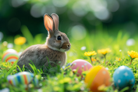 Easter bunny and Easter eggs on green grassの素材