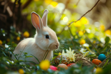 Easter bunny and Easter eggs on green grassの素材