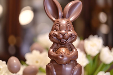 Chocolate easter rabbit on blurred white tulips flowers in the background, easter bunnyの素材