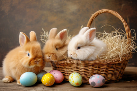 Easter bunnies in a wicker basket, colorful eggs nearby, holiday conceptの素材