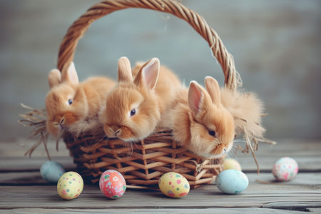 Easter bunnies in a wicker basket, colorful eggs nearby, holiday conceptの素材