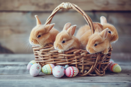 Easter bunnies in a wicker basket, colorful eggs nearby, holiday conceptの素材