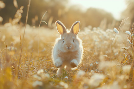 A gray rabbit runs through the grass in the summer. Blurred background, in the warm lightの素材