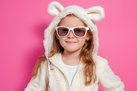 Happy cute seven year old girl wearing a bunny suit on a pink backgroundの素材