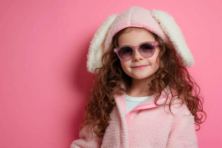 Happy cute seven year old girl wearing a bunny suit on a pink backgroundの素材