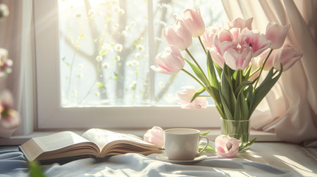 Still life: a vase with tulips, a cup of coffee and an old book on the windowの素材