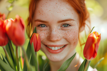 Portrait of a beautiful redhaired girl with a bouquet of pink tulipsの素材