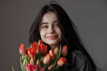 Portrait of beautiful dark-haired smiling woman with flowers tulips on gray background. Holiday.の素材