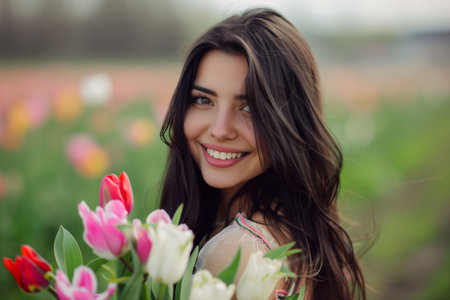 Portrait of beautiful dark-haired smiling woman with flowers tulips in nature. Women's Day. Holiday.の素材