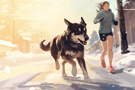 a drawing of a dog and a girl jogging in winterの素材