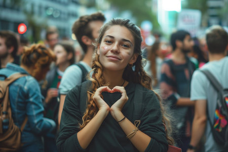 Street portrait of a beautiful young woman who folded her hands in the shape of a heart, a symbol of love and peace. The street is full of people, like at a protest rally.の素材