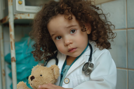 Cute curly little girl with stethoscope and toy bear playing in the hospitalの素材