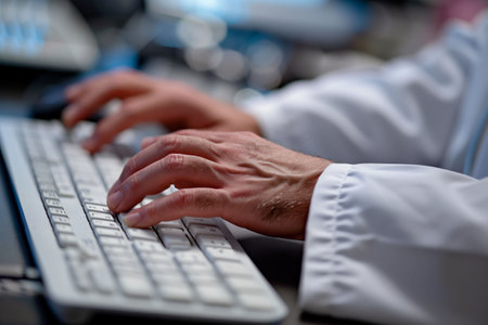The hands of a doctor in a white coat typing on a keyboard on a tableの素材