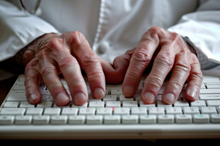 The hands of a doctor in a white coat typing on a keyboard on a tableの素材