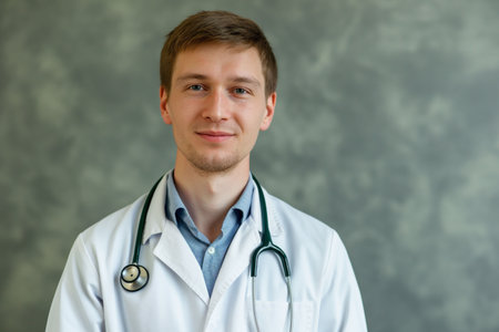 Man portrait of a doctor wearing a white coat and a stethoscope looking into the camera on a gray background, copy space, space for text, healthの素材