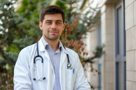 Man portrait of a doctor wearing a white coat and a stethoscope looking into the camera on the street, healthの素材