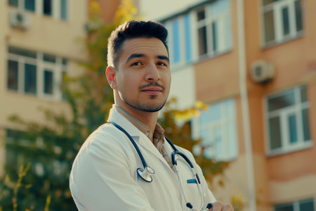 Male portrait of a young doctor wearing a white coat and a stethoscope looking into the camera on the street, healthの素材