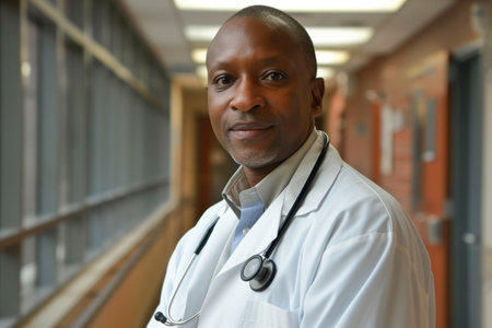 Male portrait of a black African-American doctor in a white coat and with a stethoscope looking into a camera in a clinic, healthの素材