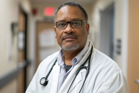 Male portrait of an elderly black African-American doctor in a white coat and with a stethoscope looking into a camera in a clinic, healthの素材