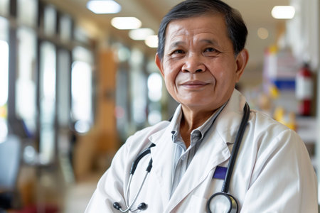 Male portrait of an elderly Asian doctor in a white coat and with a stethoscope looking into a camera in a clinic, healthの素材
