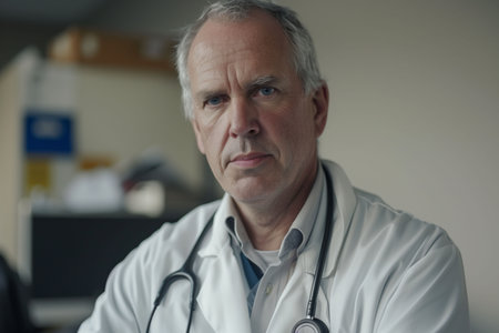 Male portrait of an elderly doctor wearing a white coat and a stethoscope looking into the camera on the street, healthの素材