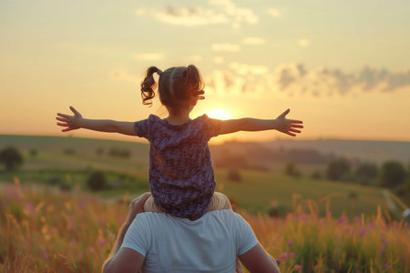 A little daughter sits on his father's shoulders, running at sunset, happy family, little kid with dad in light of sun's rays, fun entertainment of childhood dream, girl raised her handsの素材