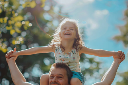 A little daughter sits on his father's shoulders, running at sunset, happy family, little kid with dad in light of sun's rays, fun entertainment of childhood dream, girl raised her handsの素材