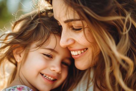 Mom hugging her little daughter - mother and daughter outdoors smiling face to faceの素材