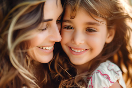 Mom hugging her little daughter - mother and daughter outdoors smiling face to faceの素材