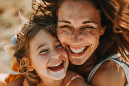 Mom hugging her little daughter - mother and daughter outdoors smiling face to faceの素材