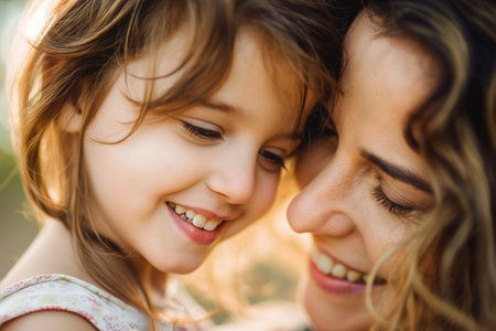 Mom hugging her little daughter - mother and daughter outdoors smiling face to faceの素材