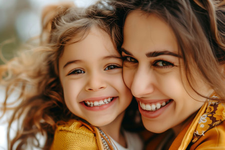 Mom hugging her little daughter - mother and daughter outdoors smiling face to faceの素材