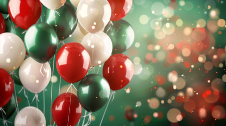 Red, green and white balloons fly on a green background with space for text. Italian colored balloons. Celebration Day in Italyの写真素材