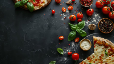 Pizza Cooking Ingredients On Black Background, Top View with a lot of space for text in the middle. Space For Recipe.の写真素材