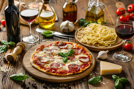 Wooden table set with traditional Italian food - pizza, tomato, cheese, pasta and wine. Celebration Day in Italyの写真素材