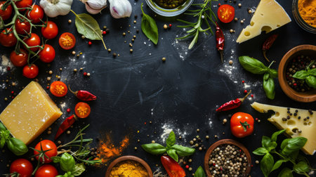 Pizza Cooking Ingredients On Black Background, Top View. With a lot of free space in the middle. Space For text.の写真素材