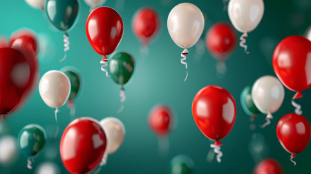 Red, green and white balloons fly on a green background with space for text. Italian colored balloons. Celebration Day in Italyの写真素材