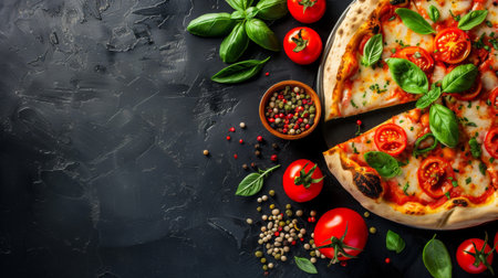 Pizza, tomatoes, spices and herbs. Pizza cooking ingredients on black background. Top view with a lot of space for text in the middle. Space for recipe.の写真素材