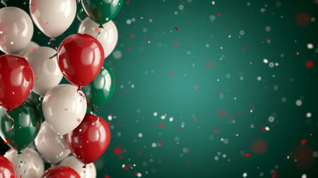 Red, green and white balloons fly on a green background with space for text. Italian colored balloons. Celebration Day in Italyの写真素材