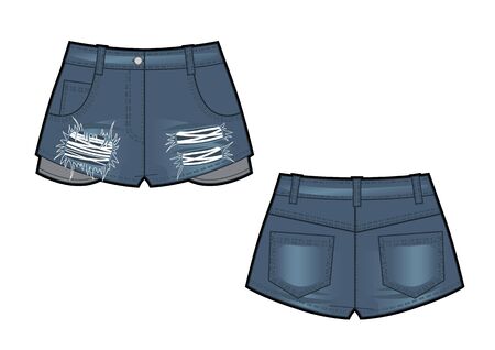 Vector illustration of jean shorts. Clothes in denim style. Front and back viewsのイラスト素材