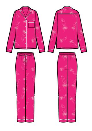 Silk pajama set with feather print. Cardigan and pants.のイラスト素材
