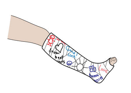 Broken leg, bone fracture, orthopedic plaster cast, trauma rehabilitation vector. Letters friendsのイラスト素材