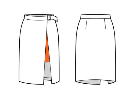 Wrap pencil skirt with belt details. Fashion Illustration, CAD, technical drawingのイラスト素材