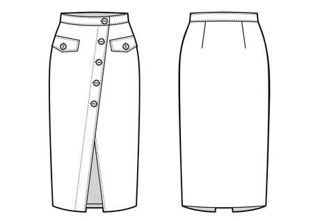 Fashion technical drawing of midi wrap skirt with buttons on frontのイラスト素材