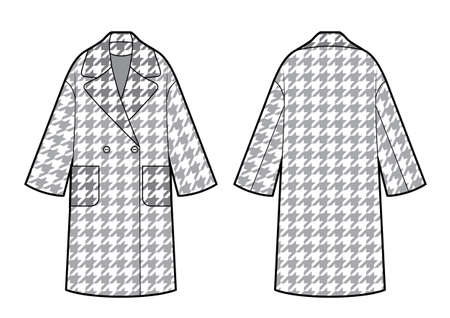 technical drawing of classic coat with houndtooth pattern, fashion sketchのイラスト素材