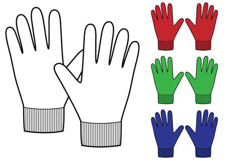 Set of knitted winter gloves isolated on white background. Red, green, blue colors.のイラスト素材