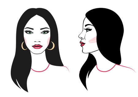 Beautiful woman front and side views. Portrait of a elegant lady with black hair. Vector illustration.のイラスト素材