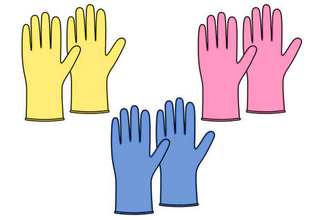 Set of rubber gloves for cleaning, yellow, pink, blue colors.のイラスト素材